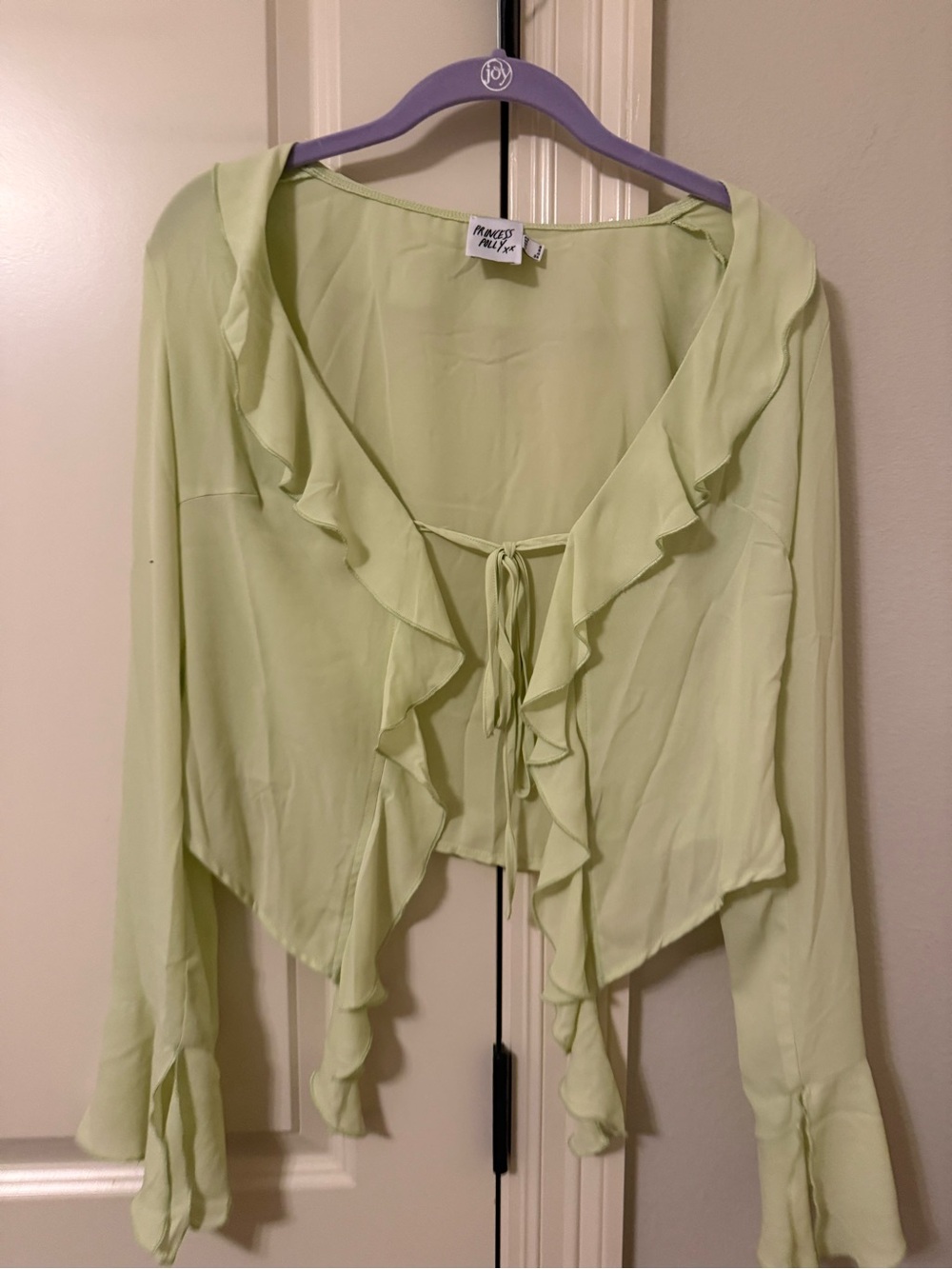 Princess Polly Light Green Ruffle Tie-Front Blouse